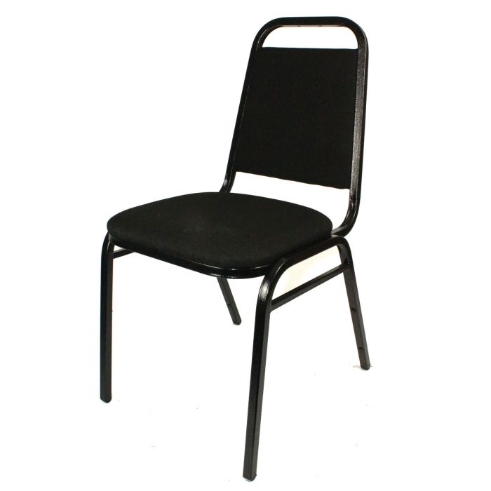Profile view of black steel stacking chair