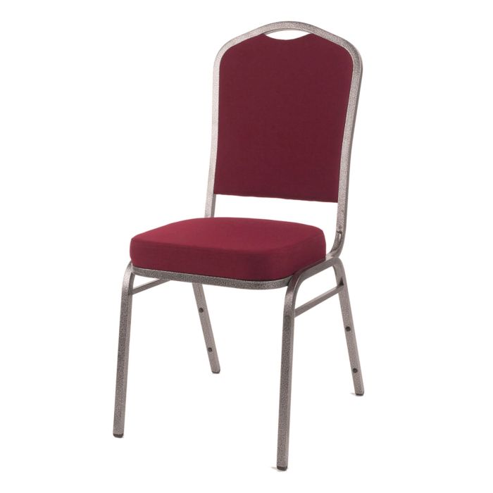 Profile view of burgundy and silver steel banqueting chair