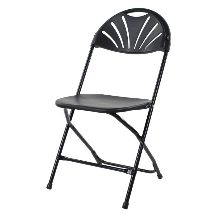 Profile view of black fanback folding plastic chair