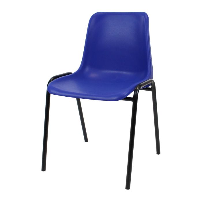 Profile view of blue and black plastic stacking chair