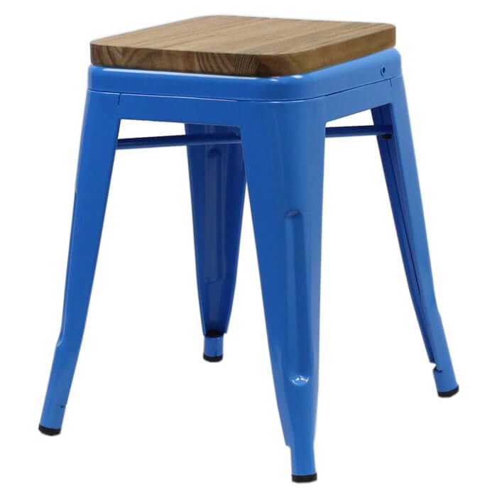 Blue Tolix low stool oak seat