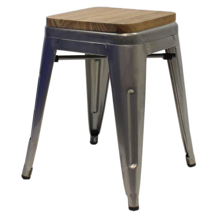 Industrial grey Tolix low stool oak seat