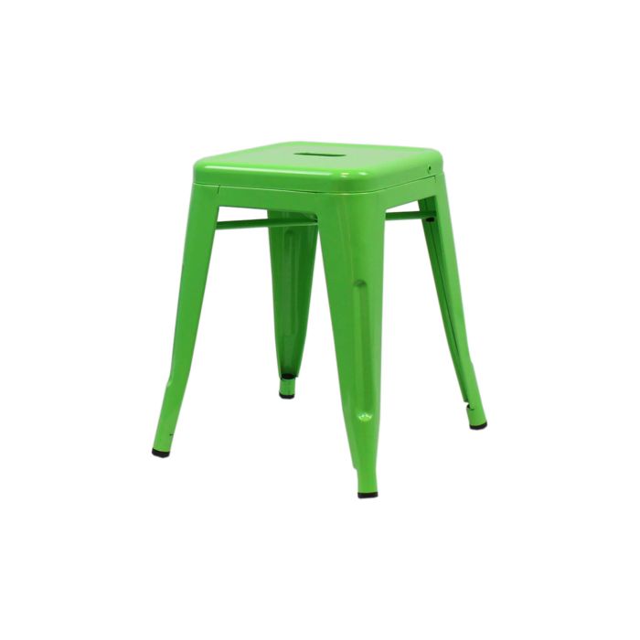 Profile view of green Tolix low stool