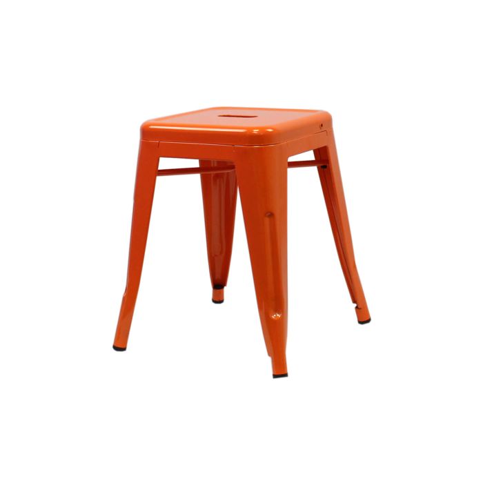 Profile view of orange Tolix low stool