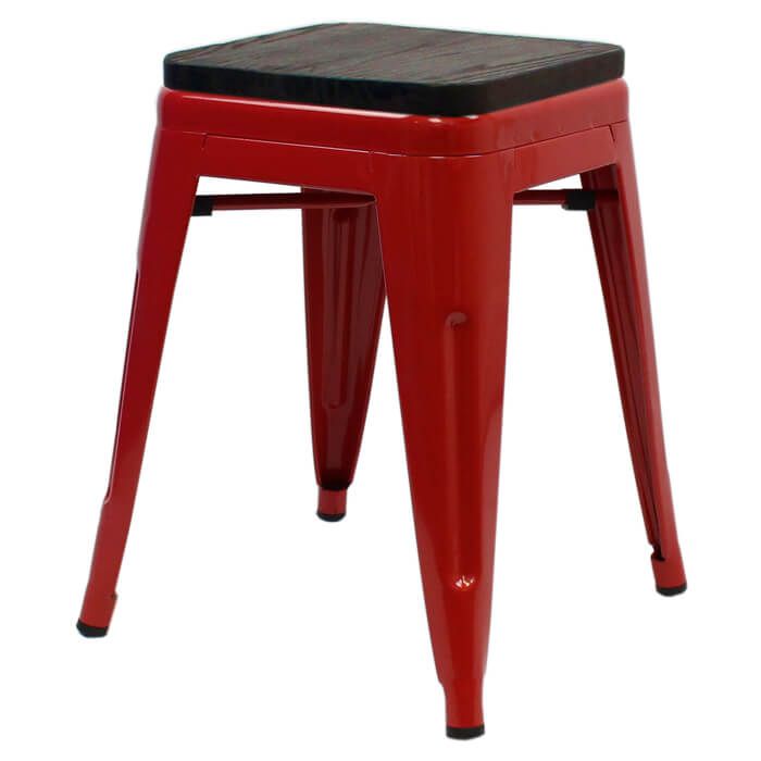 Red Tolix low stool walnut seat