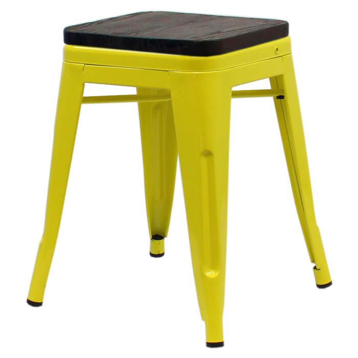 Yellow Tolix low stool walnut seat