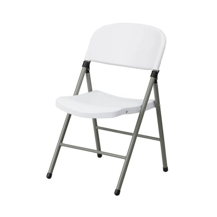 Profile view of white evo folding plastic chair