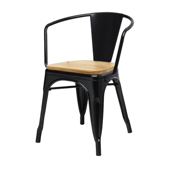 Tolix Style Metal Armchair with Wooden Seat - Gloss Black
