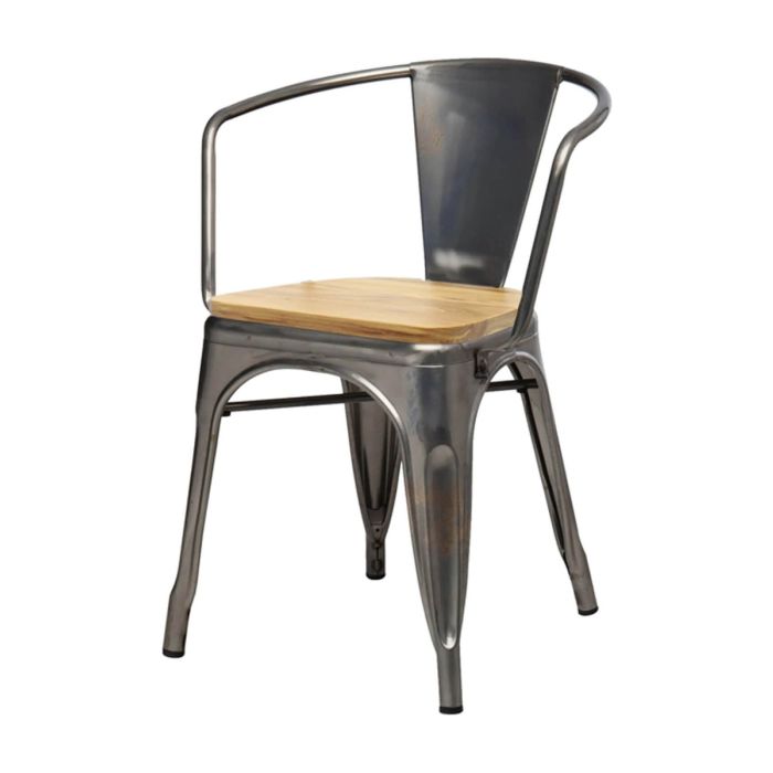 Tolix Style Metal Armchair with Wooden Seat - Industrial Grey