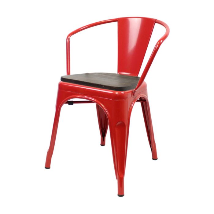 Tolix Style Metal Armchair with Wooden Seat - Red