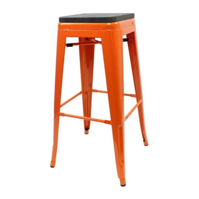 Orange Tolix bar stool walnut seat