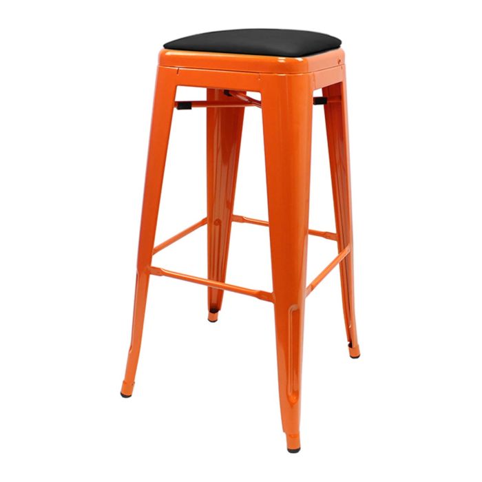 Tolix Style 76cm Bar Height Stool with Upholstered Dome Seat - Orange