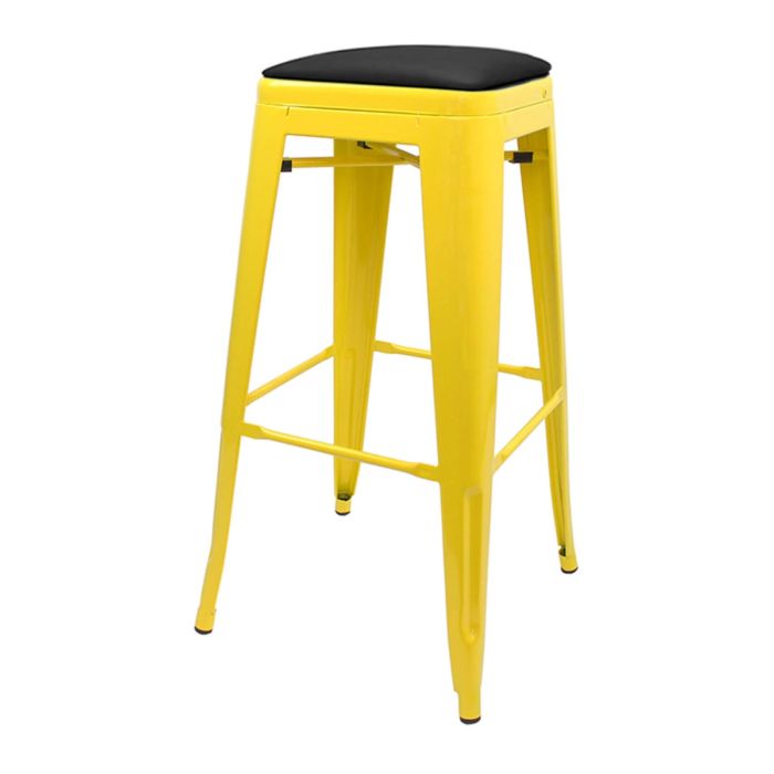 Tolix Style 76cm Bar Height Stool with Upholstered Dome Seat - Yellow