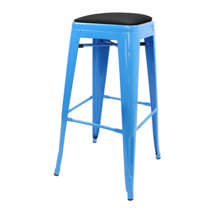 Tolix Style 76cm Bar Height Stool with Upholstered Dome Seat - Blue