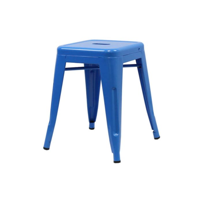 Profile view of blue Tolix low stool