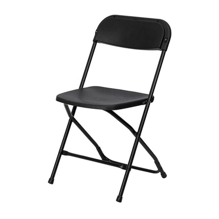 Profile view of black foldaway plastic chair