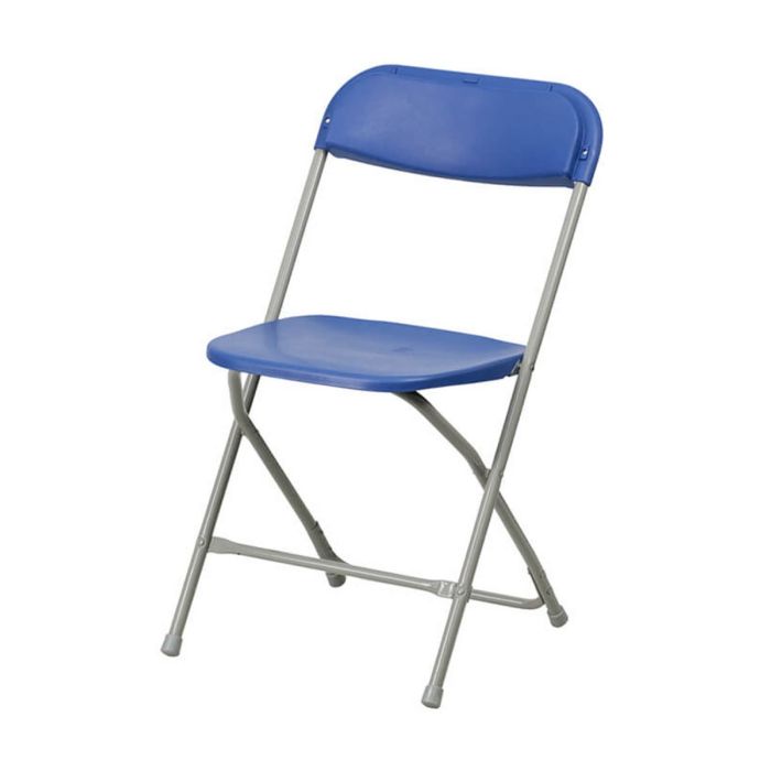 Profile view of blue foldaway plastic chair