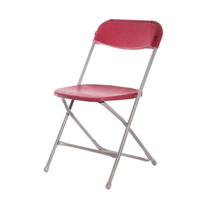 Profile view of burgundy foldaway plastic chair
