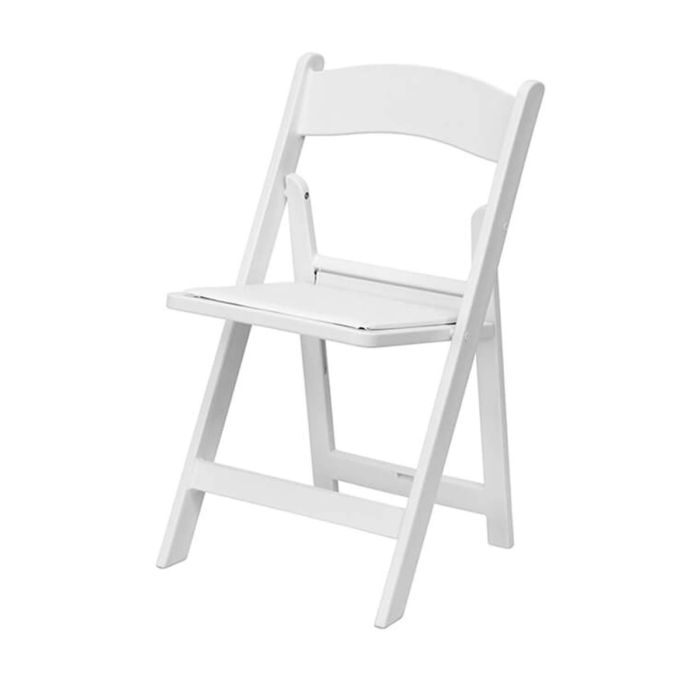 Profile view of white folding plastic wedding chair