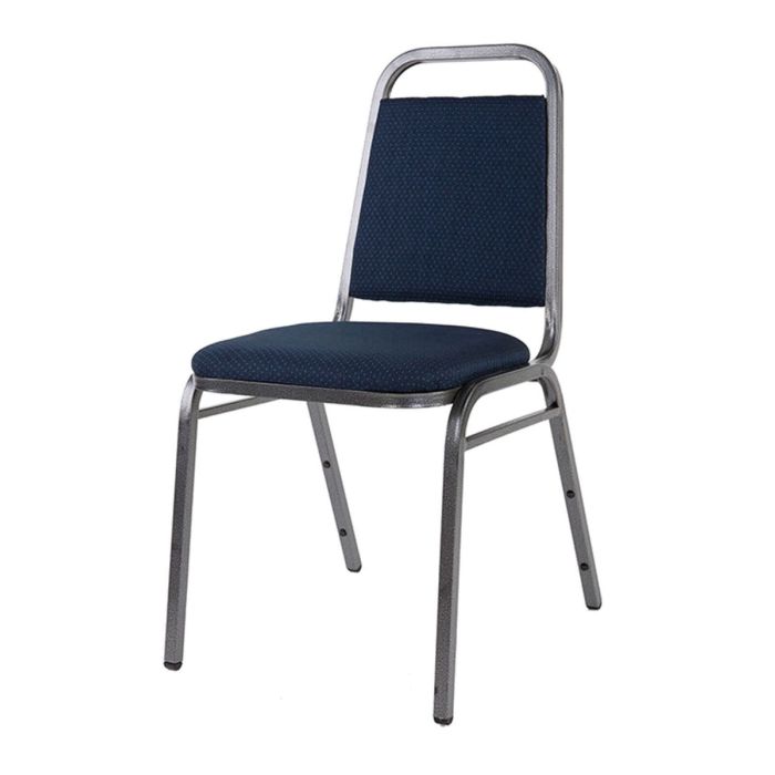 Profile view of blue and silver steel stacking chair