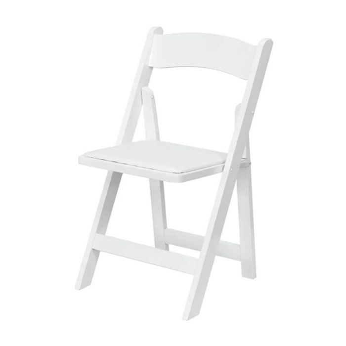 Profile view of white wood folding chair