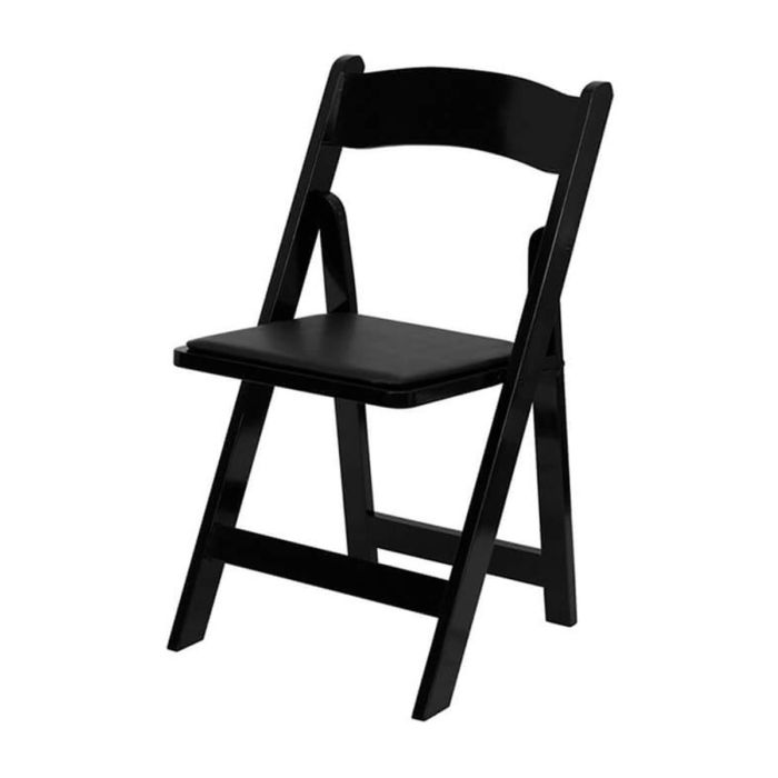 Profile view of black wood folding chair
