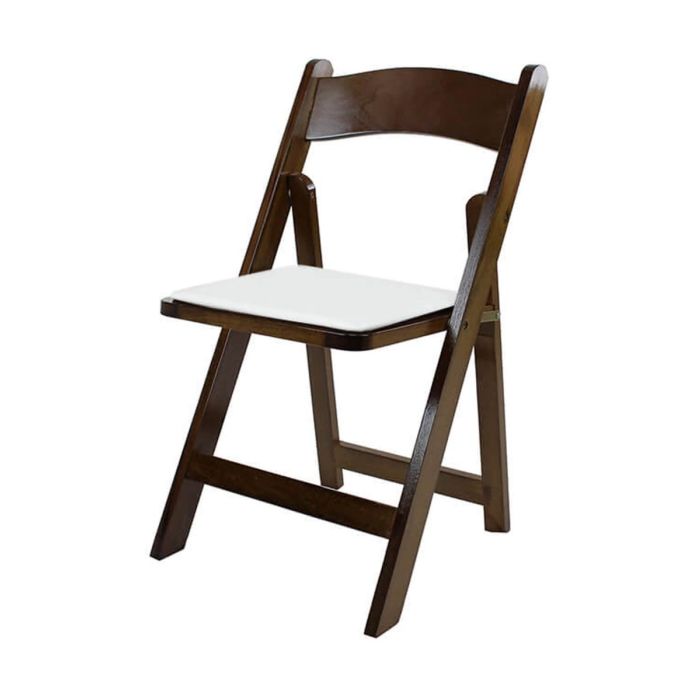 Profile view of dark wood folding chair white pad