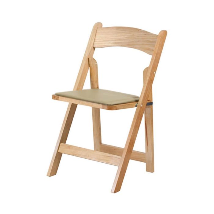 Profile view of natural wood folding chair cream pad