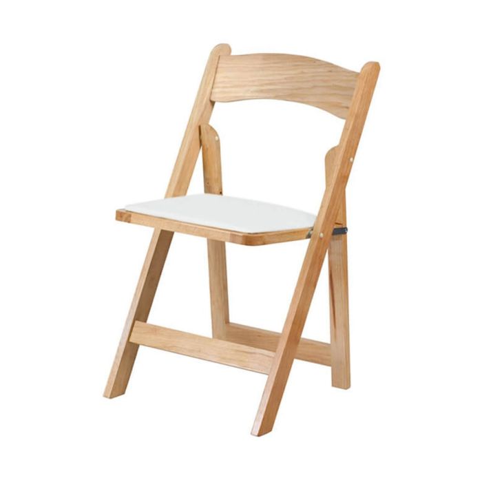 Profile view of natural wood folding chair white pad