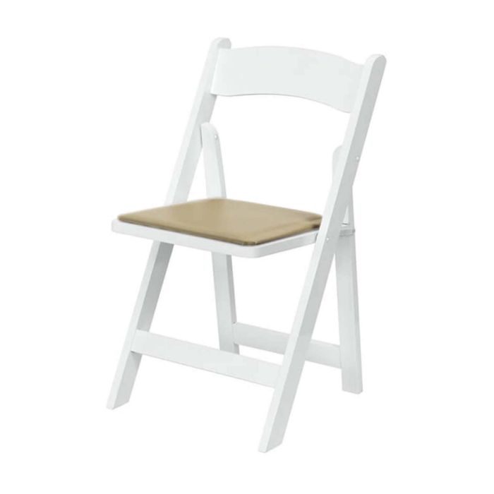 Profile view of white folding chair cream pad