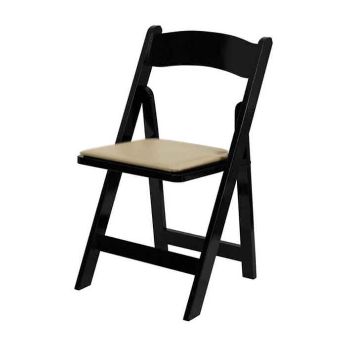 Profile view of black wood folding chair cream pad