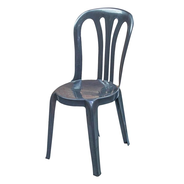 Profile view of green plastic stacking chair