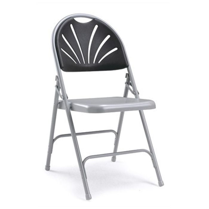 Profile view of charcoal prima deluxe steel folding chair