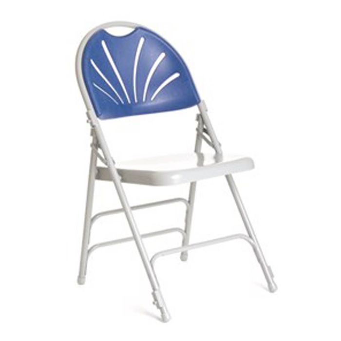 Profile view of blue prima deluxe steel folding chair