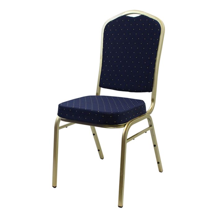 Profile view of blue and gold steel stacking chair