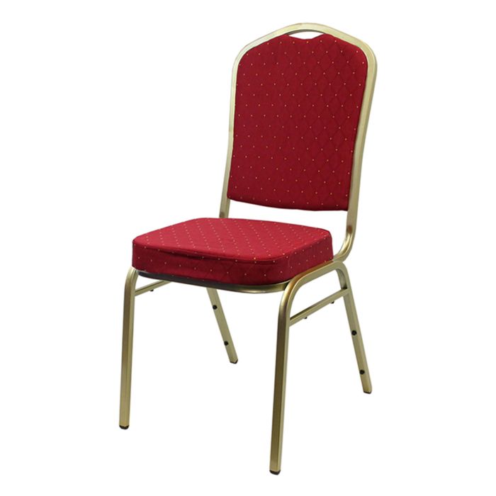 Profile view of red and gold steel banqueting chair