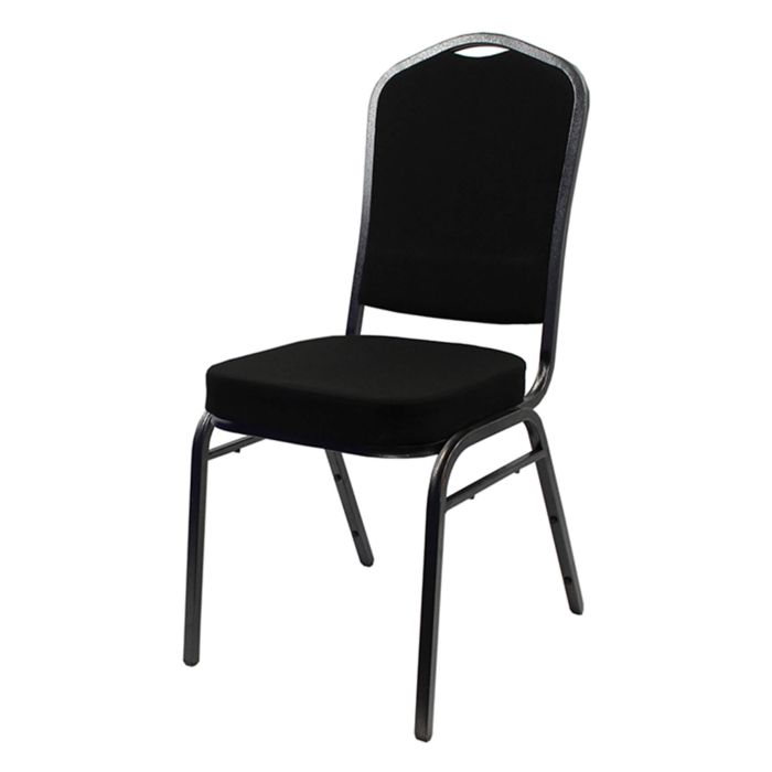 Profile view of black and silver steel banqueting chair