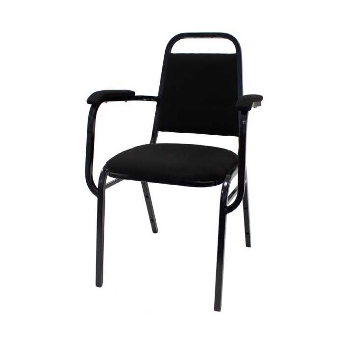 Profile view of black steel stacking chair with arms