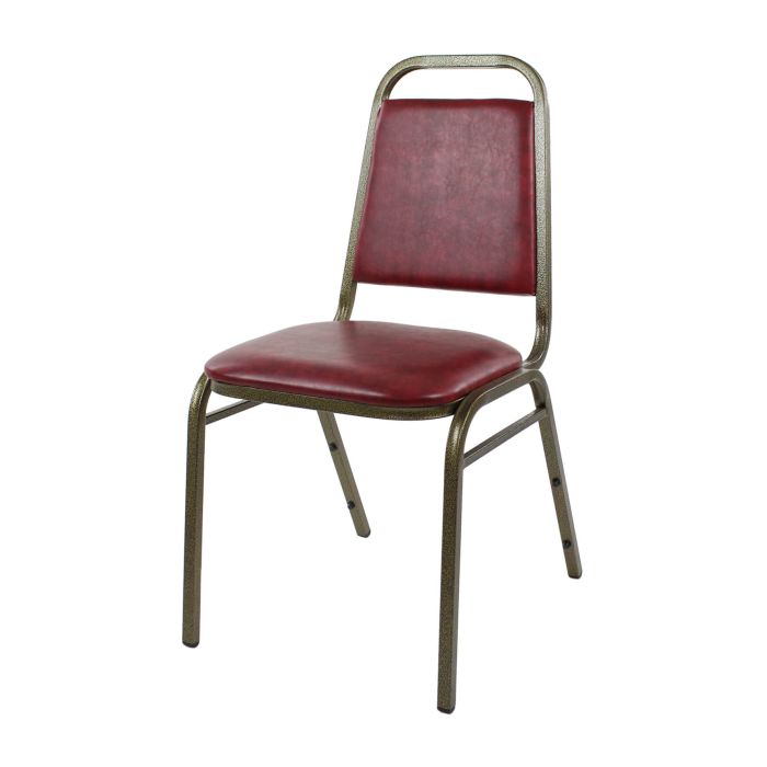 Profile view of burgundy vinyl and gold steel stacking chair