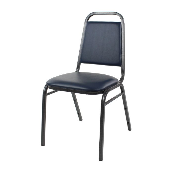 Profile view of blue vinyl and silver steel stacking chair