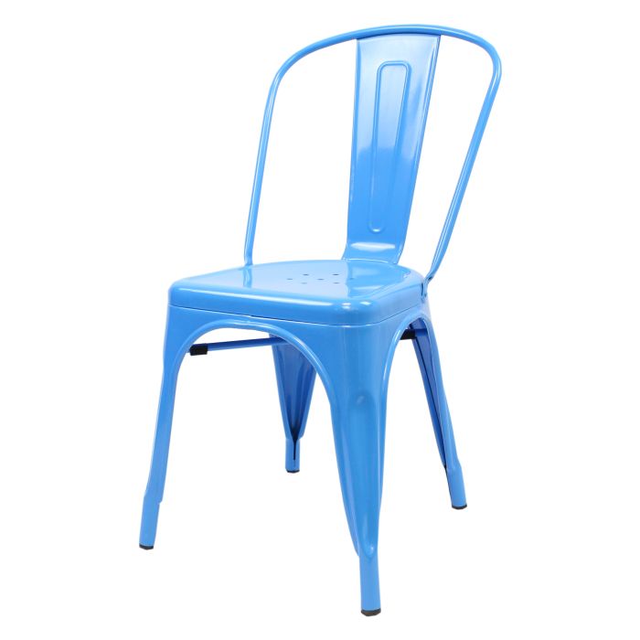 Profile view of blue Tolix chair