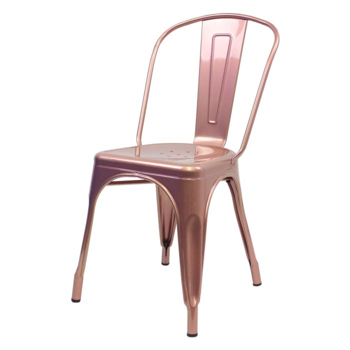 Profile view of rose gold Tolix chair