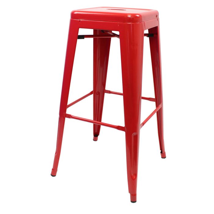 Profile view of red Tolix bar stool