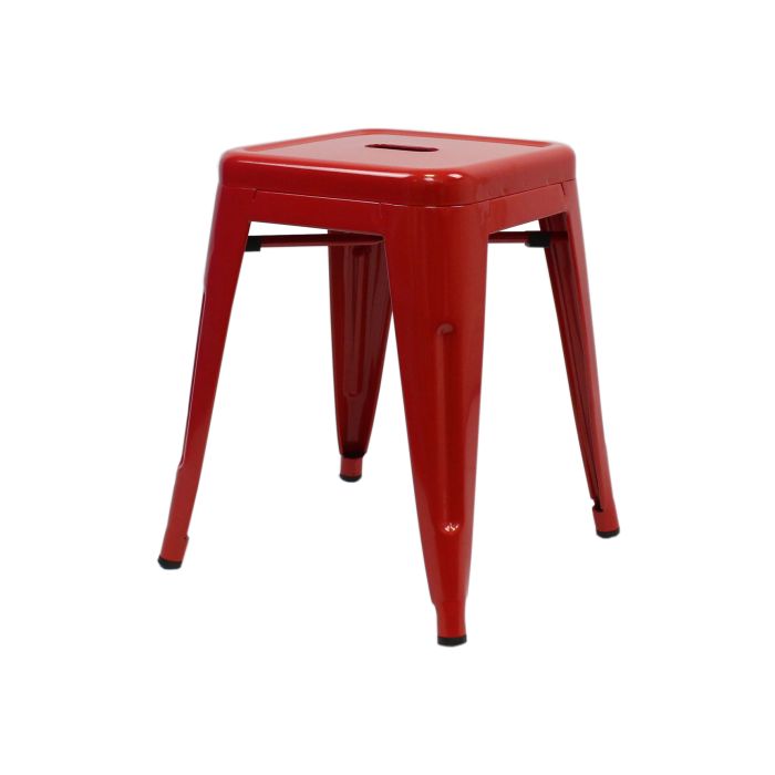 Profile view of red Tolix low stool
