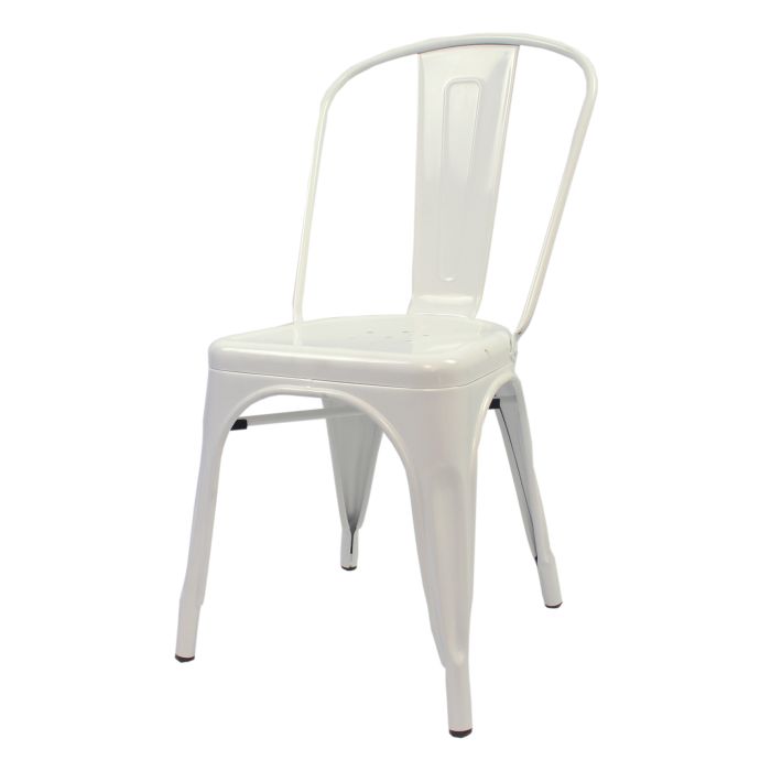 Profile view of white Tolix chair
