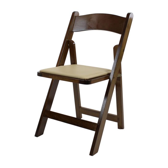 Profile view of dark wood folding chair cream pad