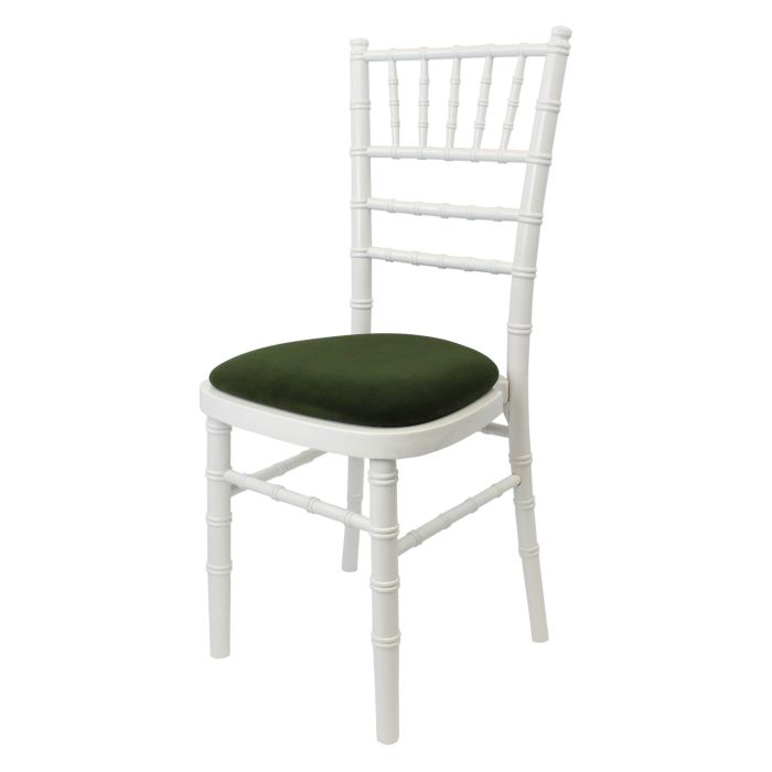 Profile view of white Chiavari chair with green pad