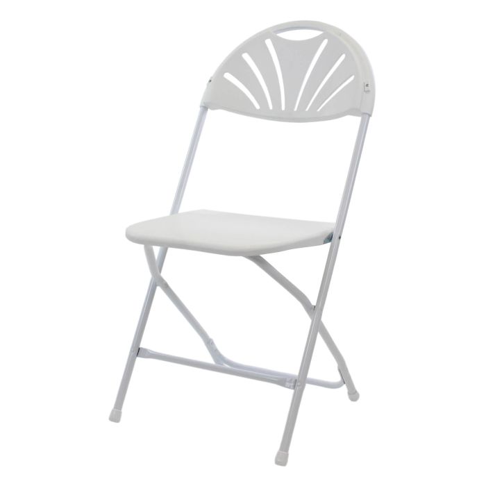 Profile view of white fanback folding plastic chair 