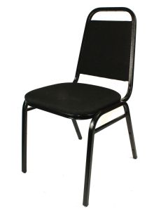 Profile view of black steel stacking chair