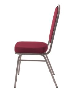 Profile view of burgundy and silver steel banqueting chair